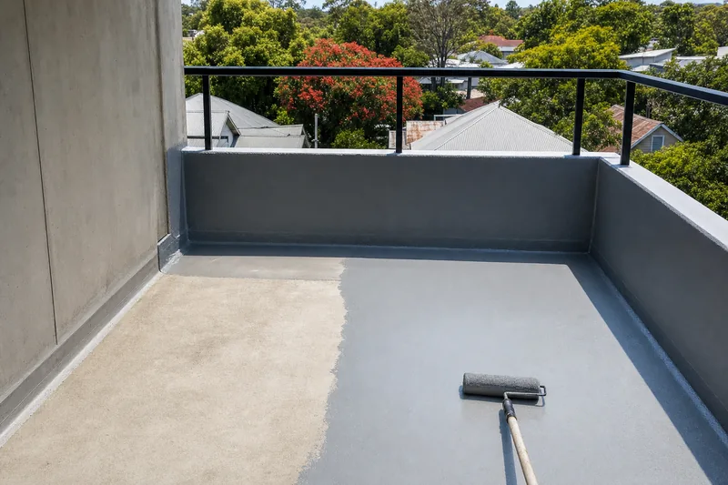 Grey liquid waterproofing membrane rolled across a bare concrete balcony slab with a wet leading edge, dressed up the wall upstand, tin roofs and a poinciana in bloom beyond — illustrative example