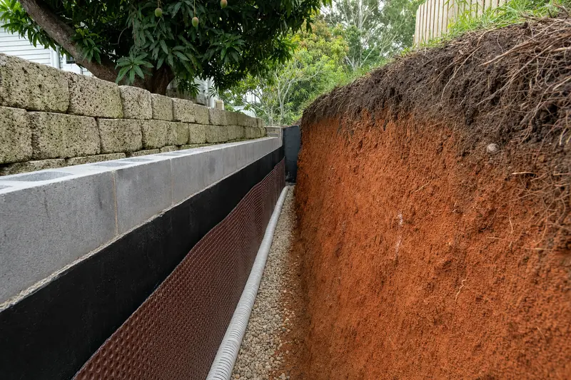 Black tanking membrane and a dimpled drainage sheet on the back face of a besser block retaining wall, agricultural pipe in gravel against an orange-red clay cut face, an older pale block retaining wall above — illustrative example